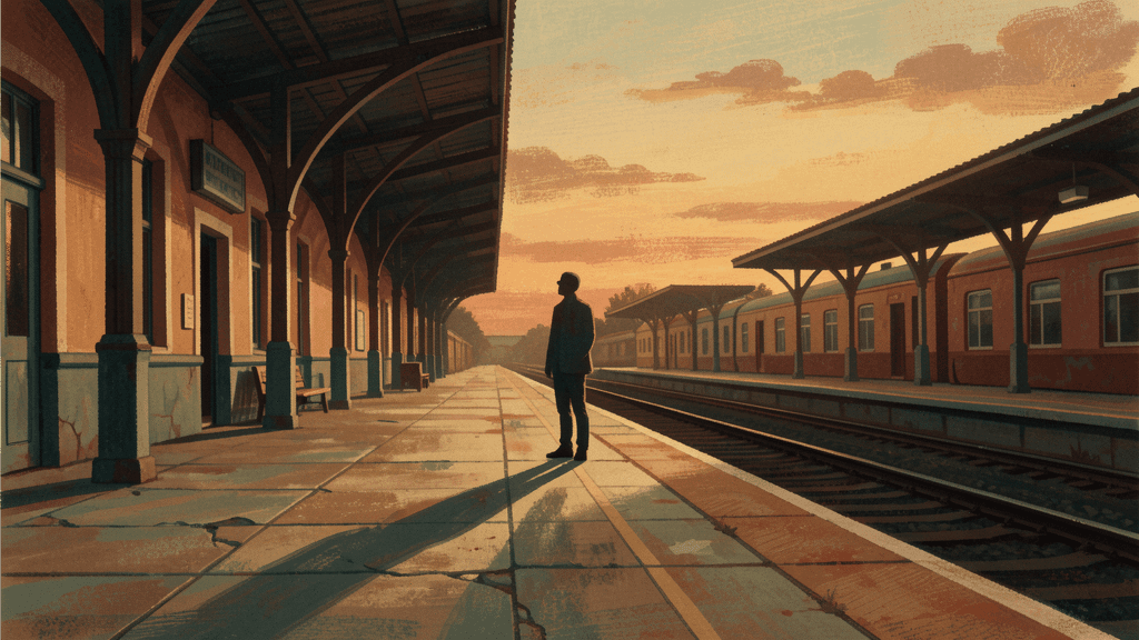 Solitary traveler waiting on a train platform at dusk—liminal space of transition and quiet contemplation.