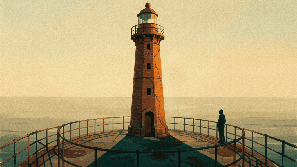 Solitary figure at an abandoned lighthouse overlooking vast water—lighthouse keeper or traveler pausing in contemplation