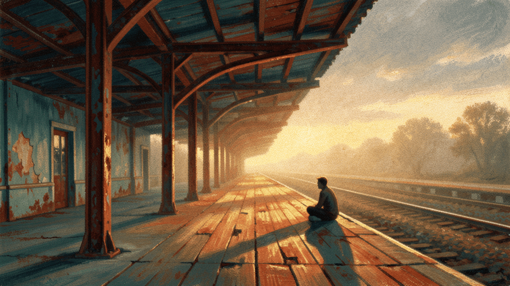 Solitary traveler waiting alone on an abandoned railway platform at golden hour
