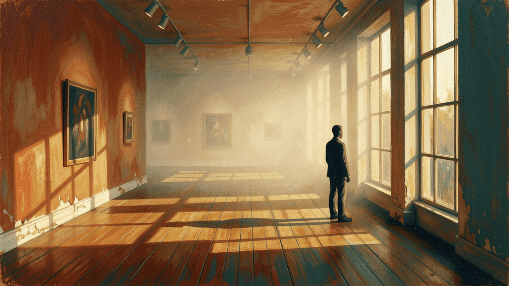 Empty art gallery at closing time—solitary figure witnessing golden-hour light through tall windows, suspended between architectural decay and ephemeral radiance