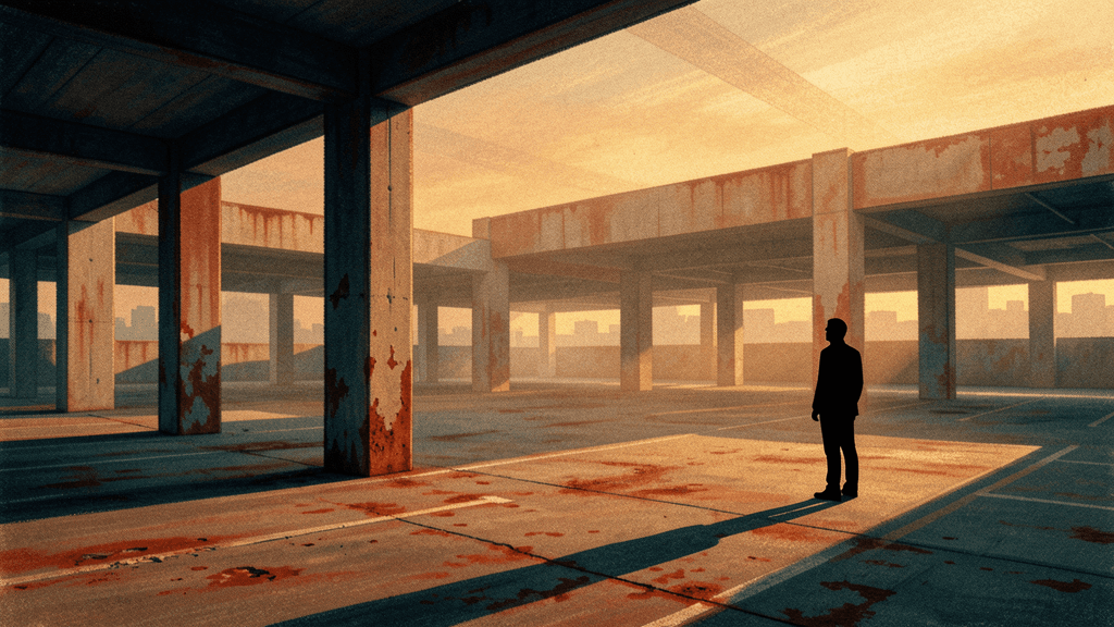Solitary figure in a brutalist concrete parking garage at golden dusk—witnessing the end of day across empty levels