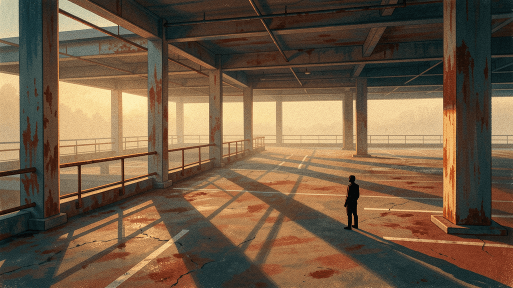 Solitary figure witnessing rooftop parking garage at golden hour—vast concrete expanse with weathered pillars and diagonal shadow geometry receding into atmospheric void