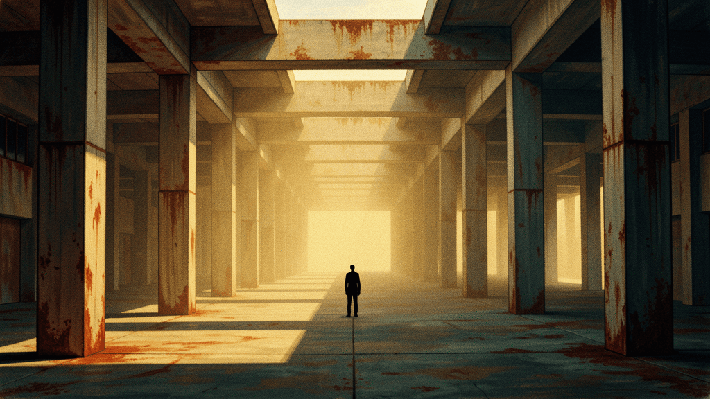 brutalist civic center interior: infinite pillared hall with solitary witness