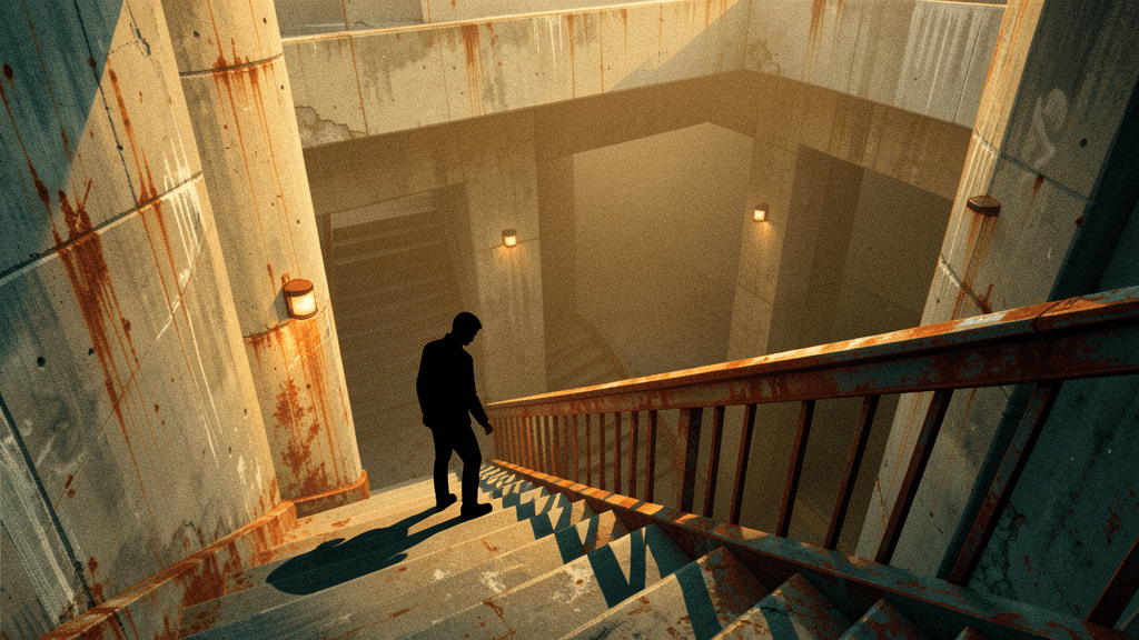 Solitary figure descending an infinite brutalist concrete stairwell, frozen mid-descent on a landing, trapped in geometric void