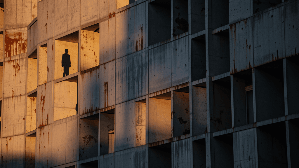 Brutalist parking garage spiral ramp interior with solitary ascending figure
