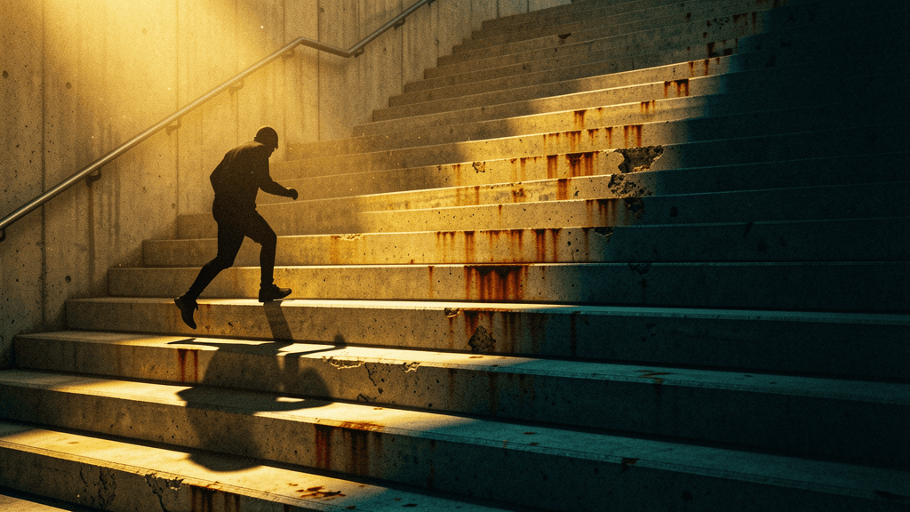 A solitary figure descending a massive brutalist concrete staircase extending infinitely upward beyond the visible frame