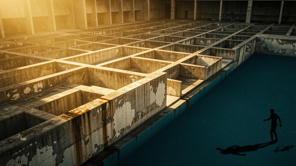 Brutalist swimming pool facility: solitary figure transitioning across weathered concrete platform infrastructure