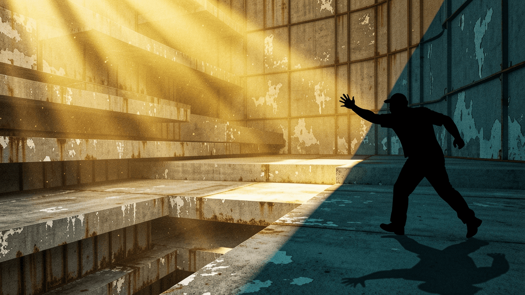 Industrial maintenance worker on infinite stacked concrete platforms reaching desperately into volumetric light from above