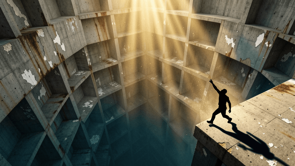 Solitary figure on concrete ledge within infinite downward-descending dam interior chamber stack