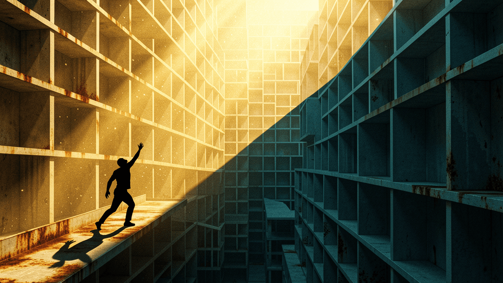 Infinite brutalist library archive—stacked concrete cells and metal platforms extending upward beyond frame boundaries in mathematical perspective, resembling endless storage chambers or administrative labyrinth