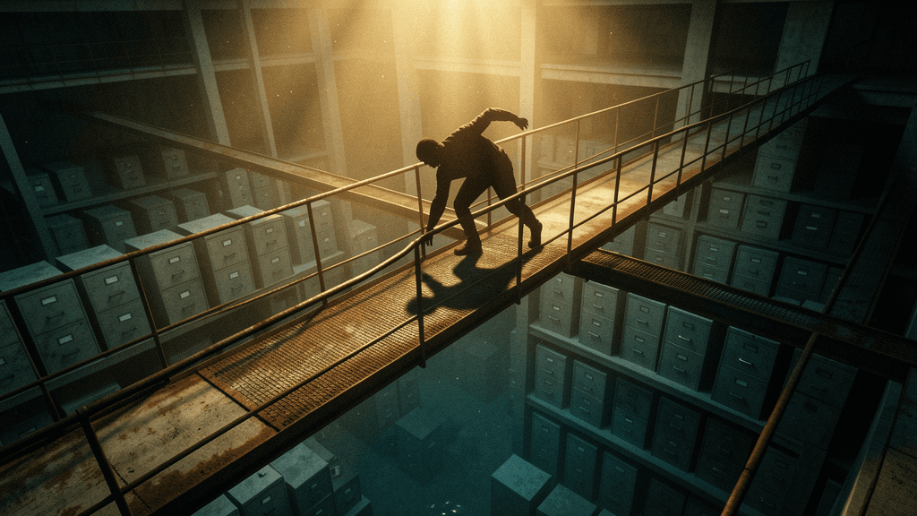 Solitary figure on suspended metal catwalk overlooking infinite flooded underground archive chamber — caught mid-gesture reaching downward into submerged filing cabinets extending infinitely into cold void-water