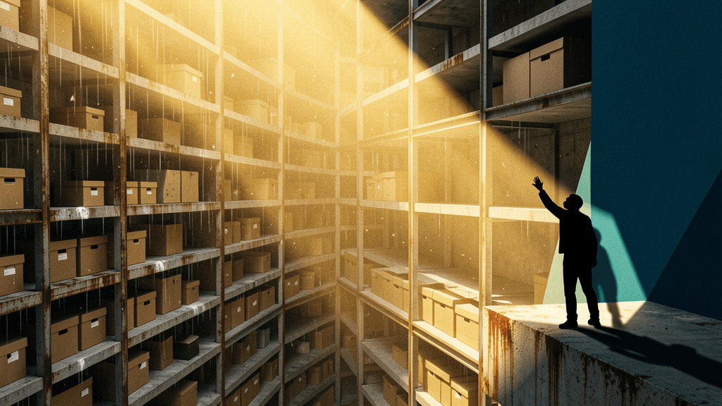 Solitary figure reaching desperately upward from narrow platform within infinite stacked manuscript storage vault—brutalist archival apocalypse