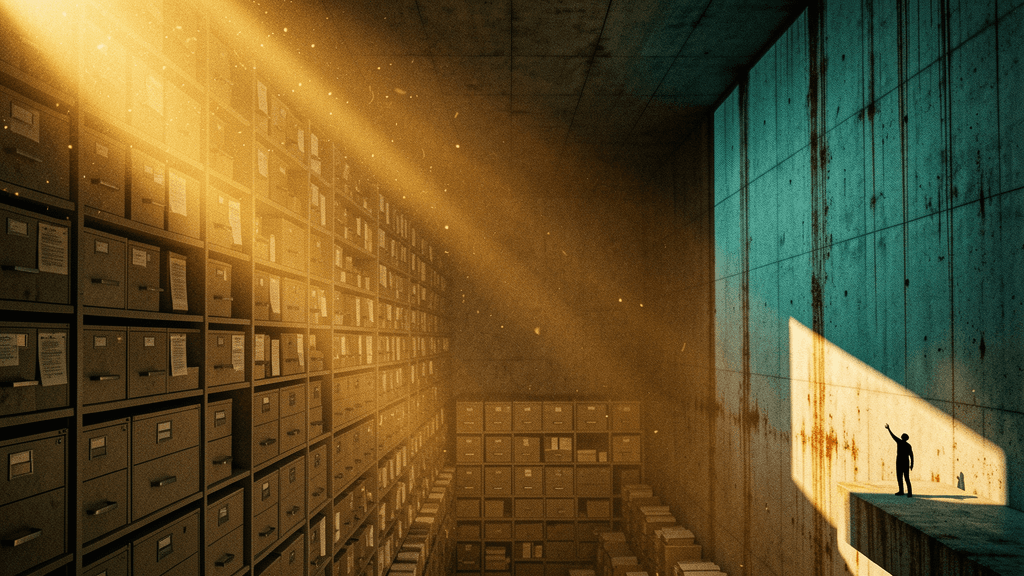 Solitary figure imprisoned in infinite brutalist archive vault—desperately reaching from dark ledge toward volumetric golden light cutting through stacked filing cabinets and manuscript storage chambers
