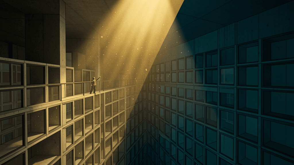 Museum night watchman alone within infinite brutalist archive vault