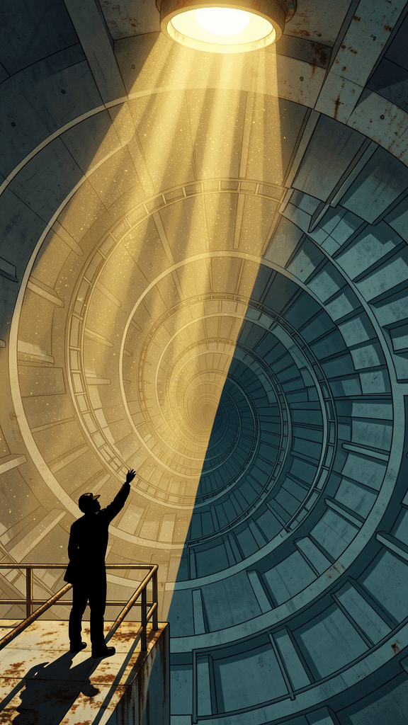 Lighthouse keeper in a brutalist spiral descent—figure reaching desperately toward a distant beacon light source overhead, surrounded by infinite mathematical spiral staircases and concrete ribbed geometry descending into void