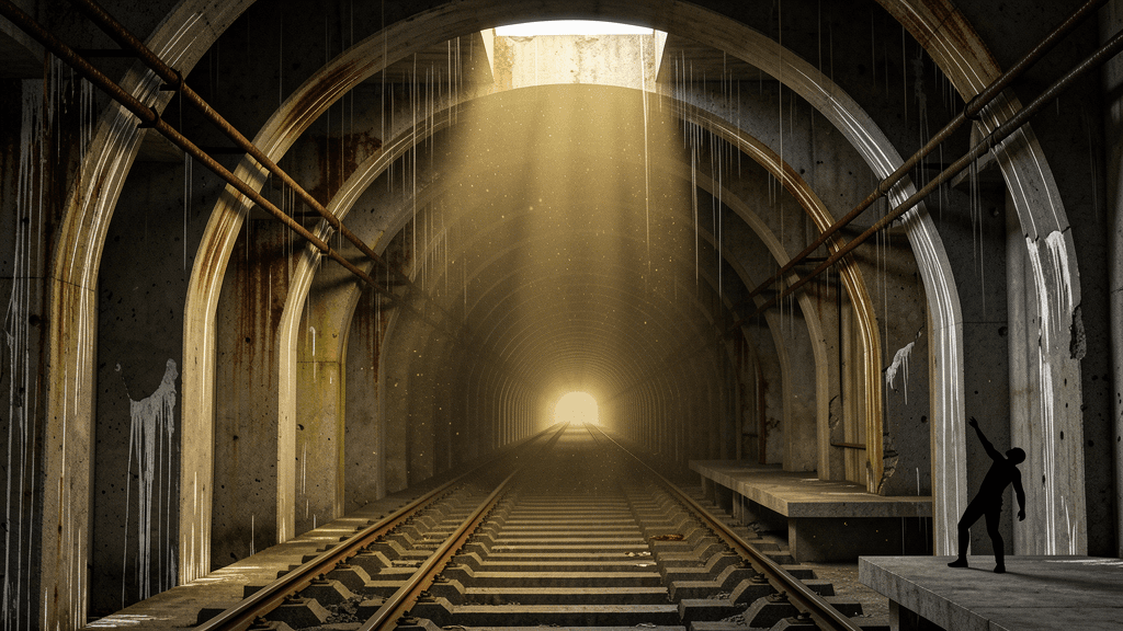 Abandoned brutalist subway tunnel with infinite arched vault recession, solitary silhouette reaching desperately upward toward distant light source
