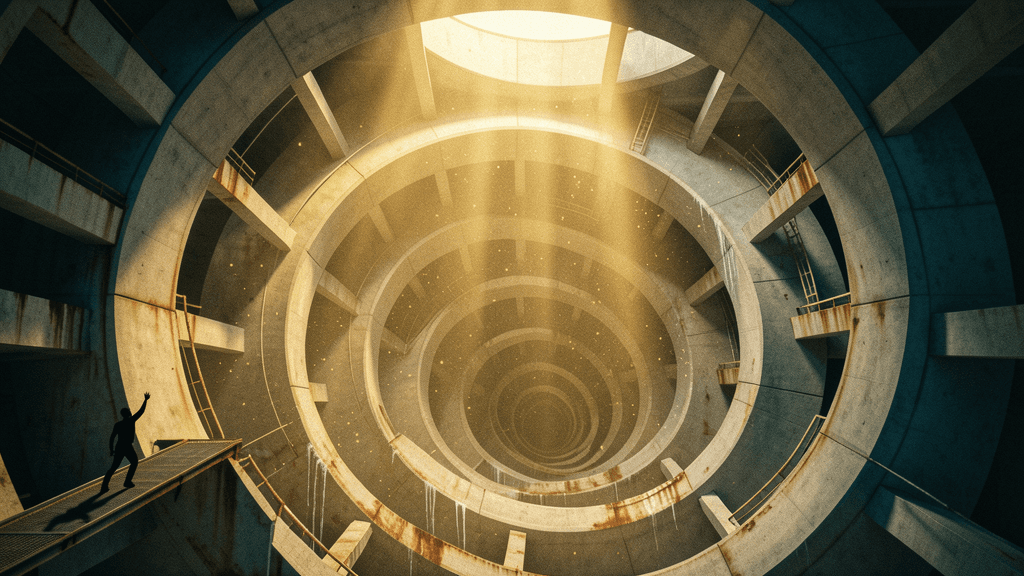 Solitary figure ascending a brutalist spiral parking garage toward distant light