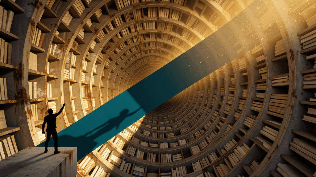 Underground spiral manuscript archive — solitary figure reaching desperately upward from narrow ledge within infinite concentric shelving tiers spiraling downward and inward toward unreachable central vanishing point