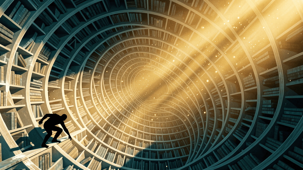 Solitary figure in infinite spiral library archive reaching desperately downward into abyss