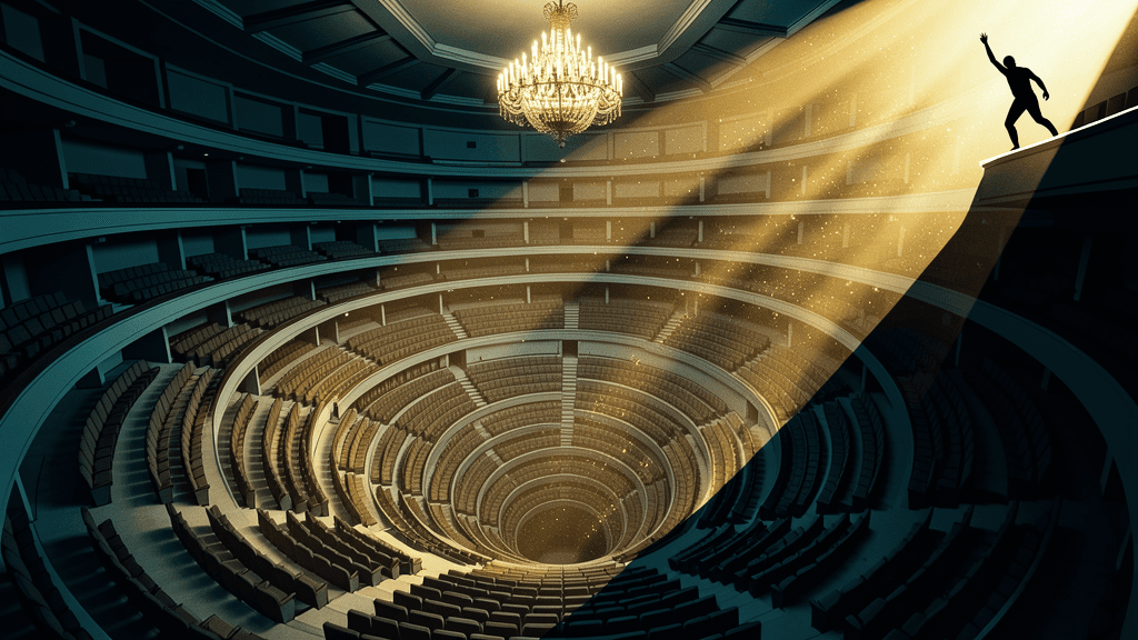 Abandoned concert hall amphitheater—solitary figure on catwalk edge gazing into infinite spiral of empty auditorium seating descending into mathematical void.