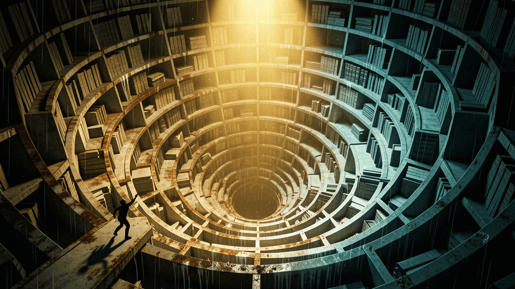 Spiral museum archive repository—concentric storage tiers descending infinitely toward central void, with solitary reaching figure trapped at margin
