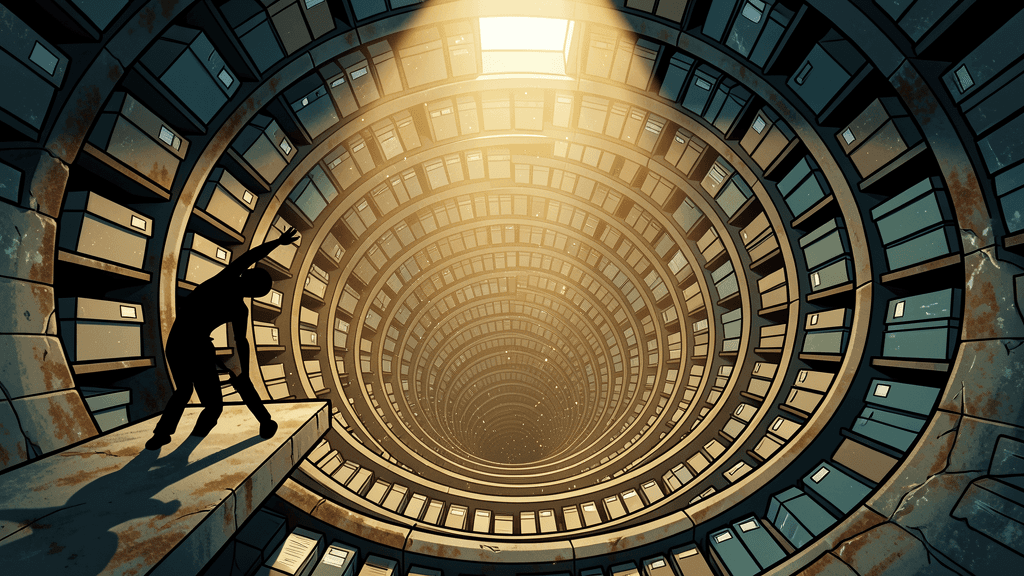 Spiral courthouse underground records archive descending infinitely with barely-visible imperceptible cosmic speck figure in far corner