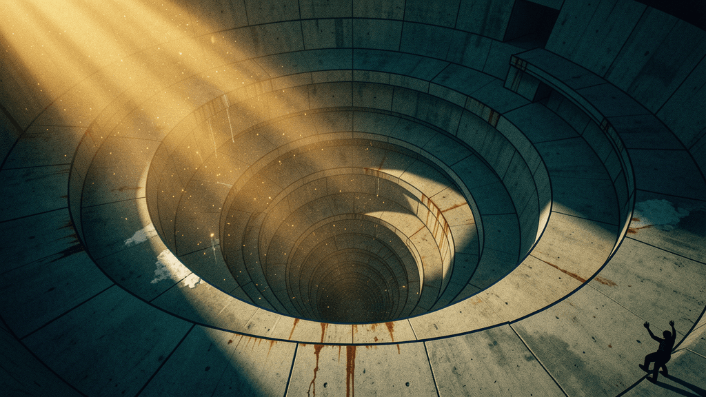 Subterranean brutalist funnel-well with solitary imperceptible figure