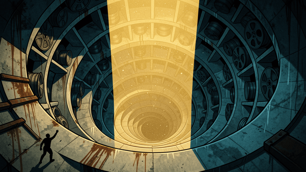 Underground spiral film vault: brutalist concrete storage chamber descending infinitely with golden light beam and imperceptible human figure