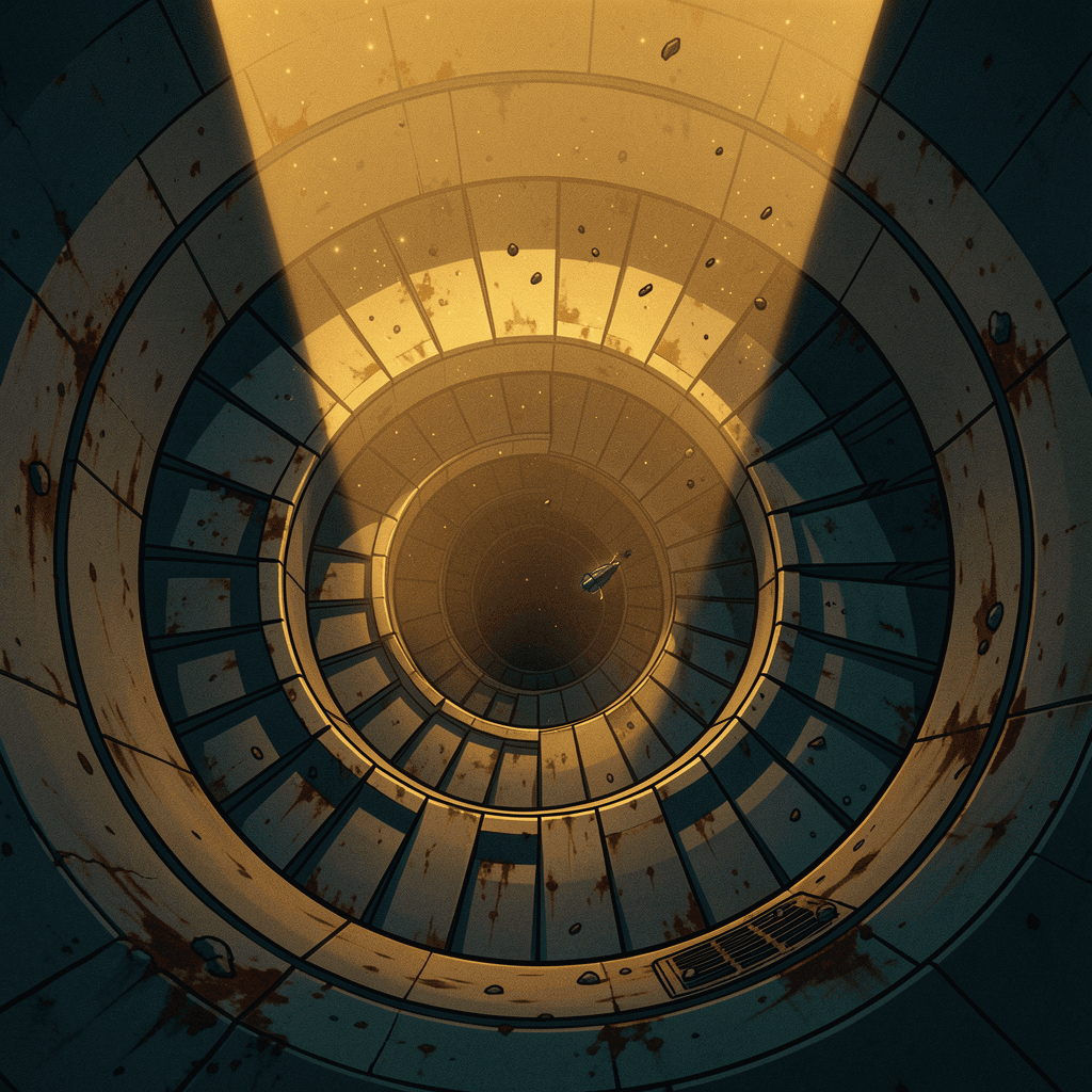 Spiral stairwell in an abandoned cylindrical space station, viewed from directly above