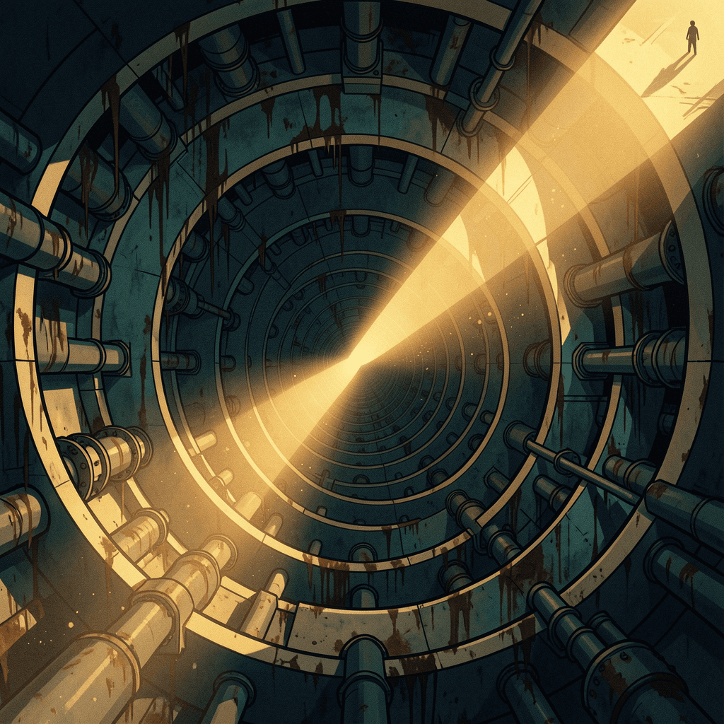 Brutalist spiral power plant turbine shaft descending infinitely downward through industrial machinery levels