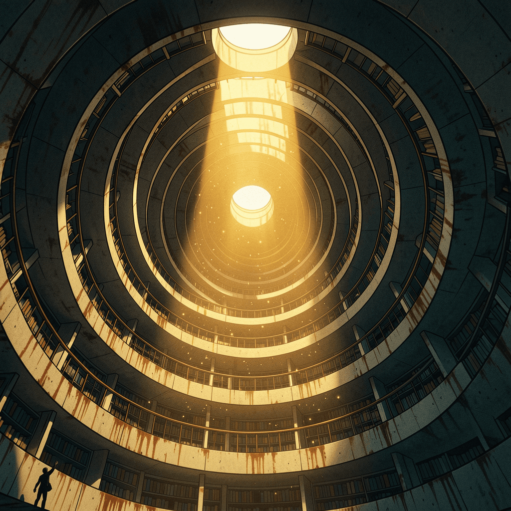 Brutalist spiral library—worm's-eye view of infinite concentric balcony tiers spiraling upward through cylindrical void toward distant skylight, single god-ray descending.