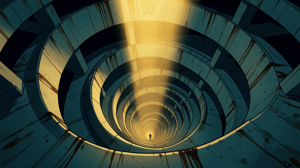 Brutalist parking structure interior—spiral descent with isolated human speck